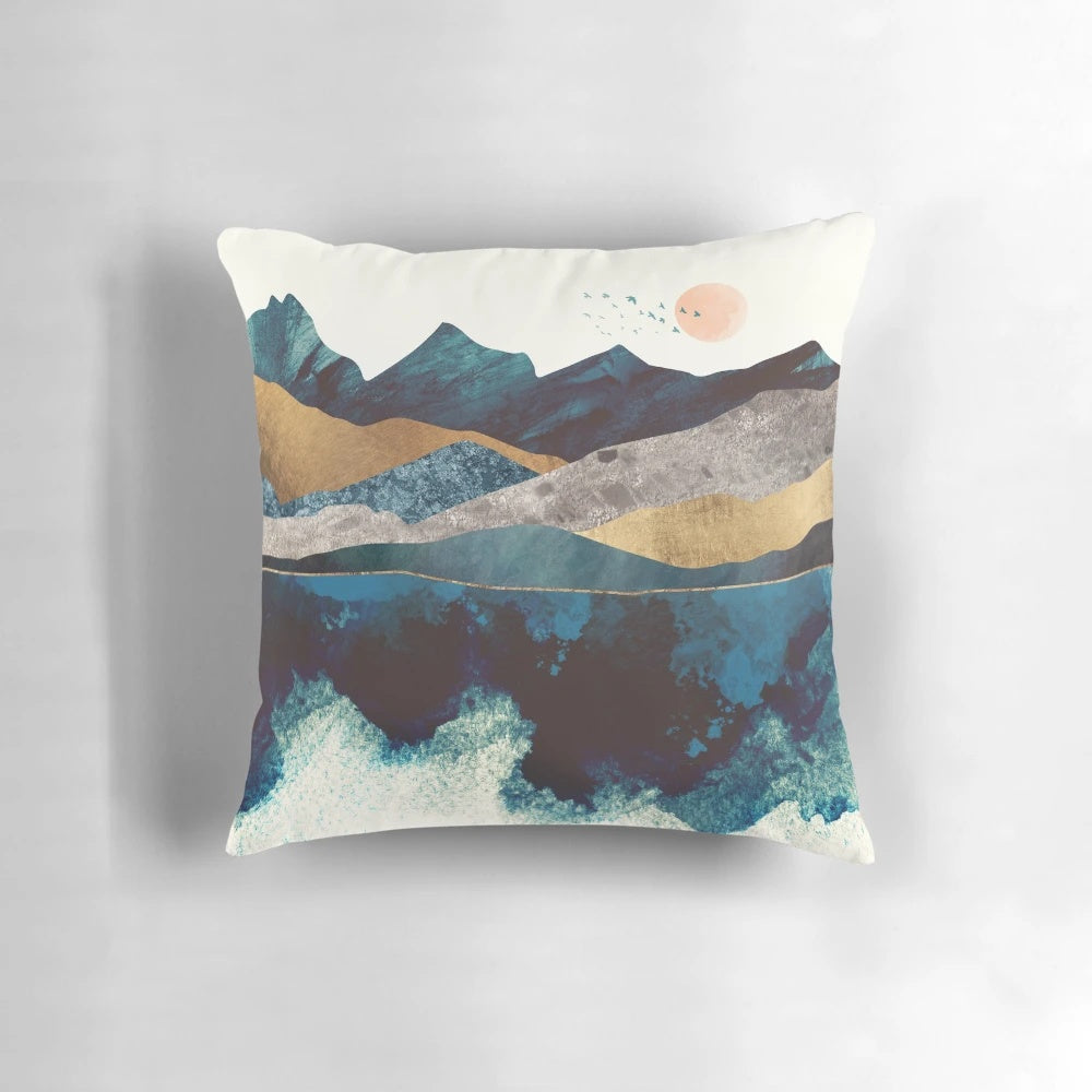 Beautifully detailed blue mountain reflection landscape printed on a soft, comfortable pillow.