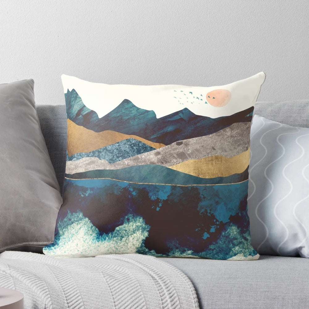 Beautifully detailed blue mountain reflection landscape printed on a soft, comfortable pillow.