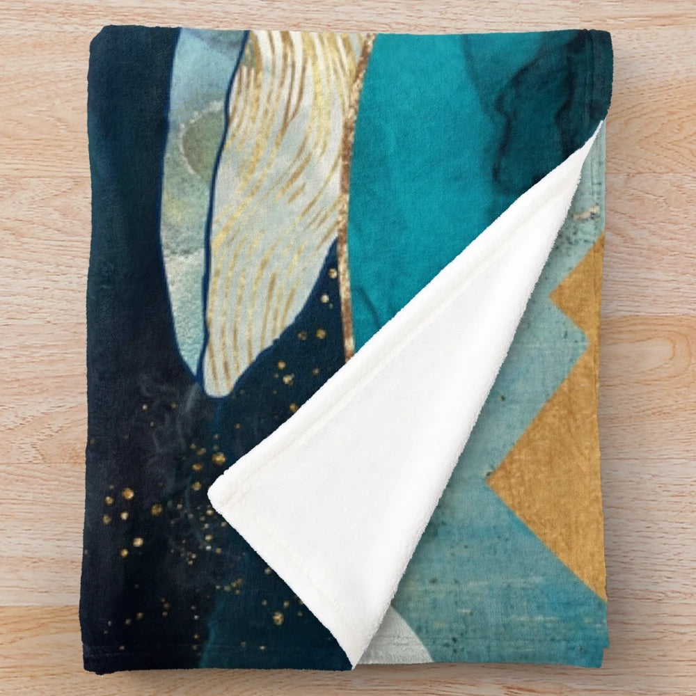 Blue whale plush blanket with watercolor and abstract ocean design