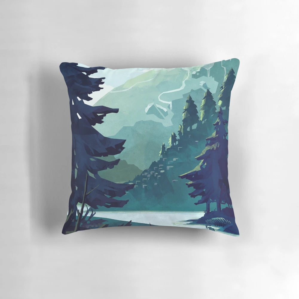 A cozy pillow featuring a beautiful landscape of the Canadian mountains, with a blue sky, green forests, and a tranquil lake or river.