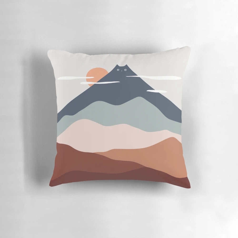 Serene cat landscape artwork featuring a minimalist design with mountains and soothing colors