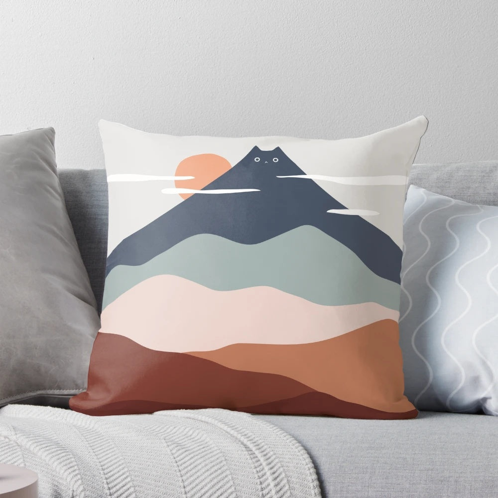 Serene cat landscape artwork featuring a minimalist design with mountains and soothing colors
