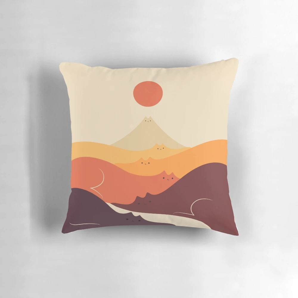 Artistic illustration of a cat overlooking a minimalist landscape with mountains and a vibrant sky.