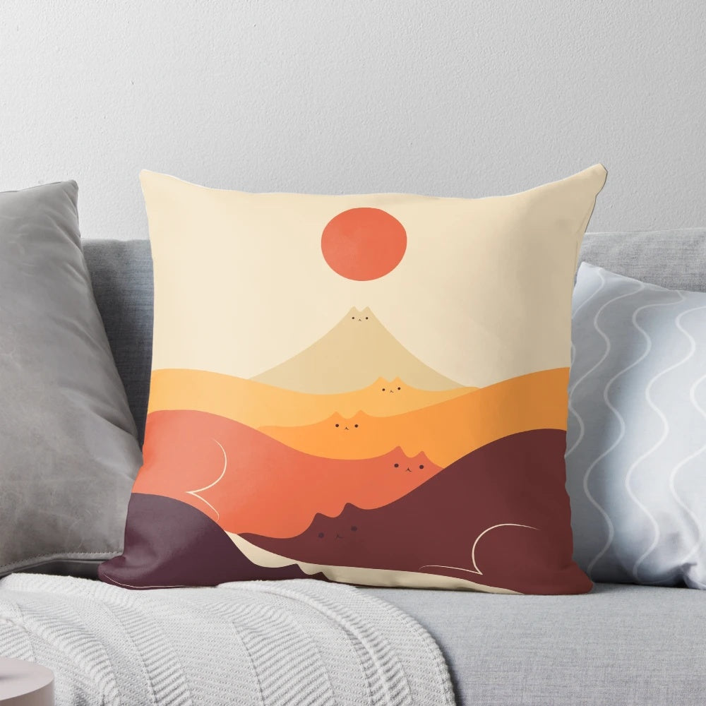 Artistic illustration of a cat overlooking a minimalist landscape with mountains and a vibrant sky.