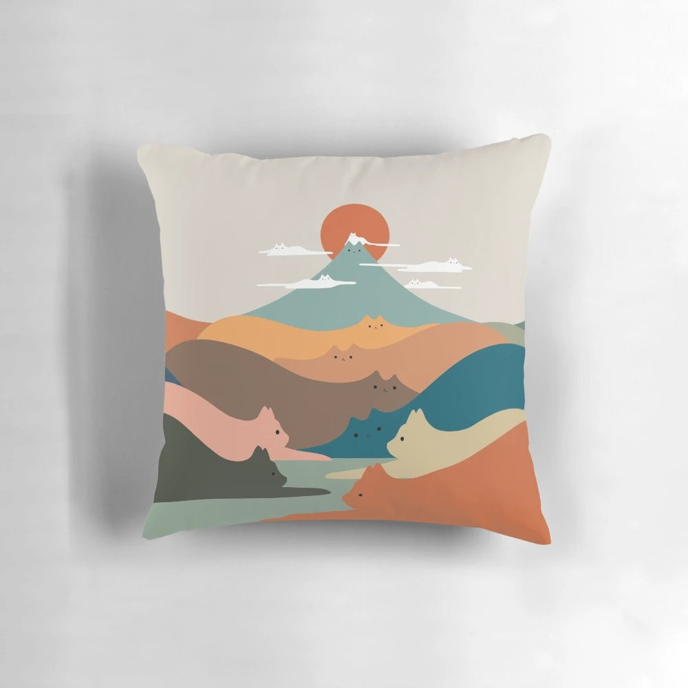 Vibrant cat landscape throw pillow with soothing sunset colors