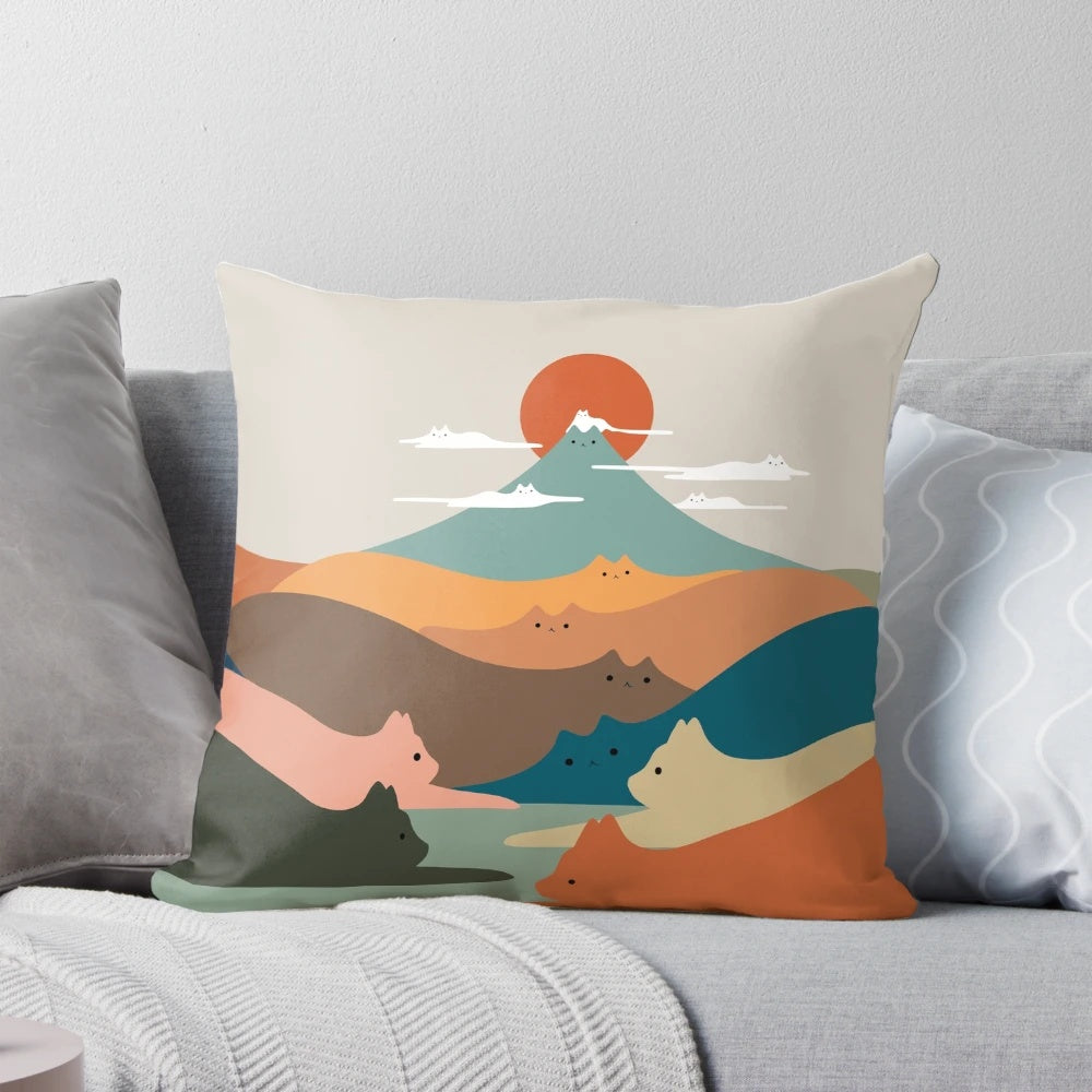 Vibrant cat landscape throw pillow with soothing sunset colors
