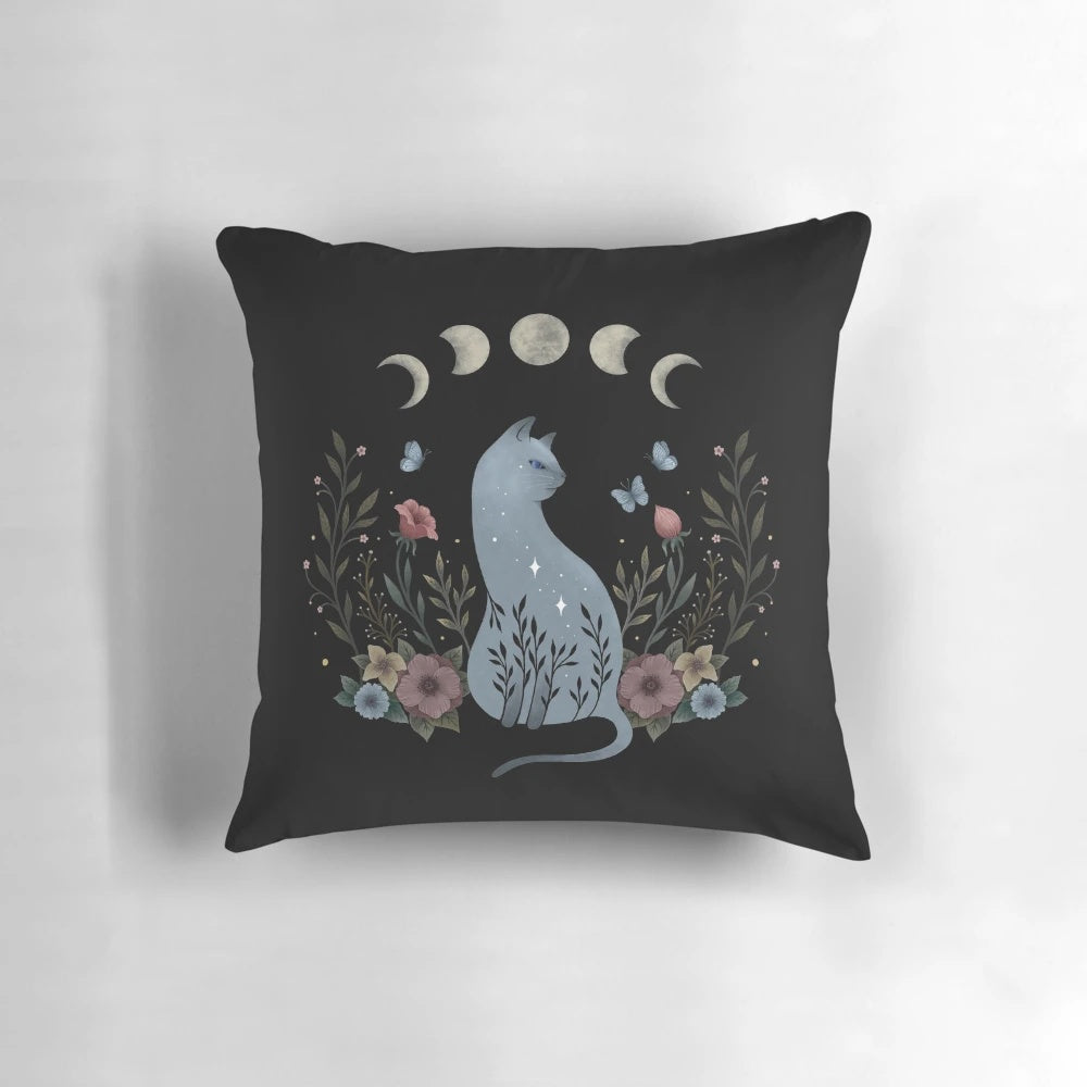 Soft, plush pillow featuring a sleeping Siamese cat against a backdrop of a moonlit night garden