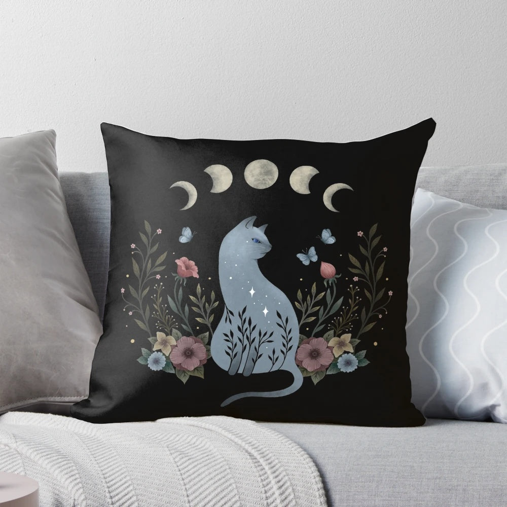Soft, plush pillow featuring a sleeping Siamese cat against a backdrop of a moonlit night garden