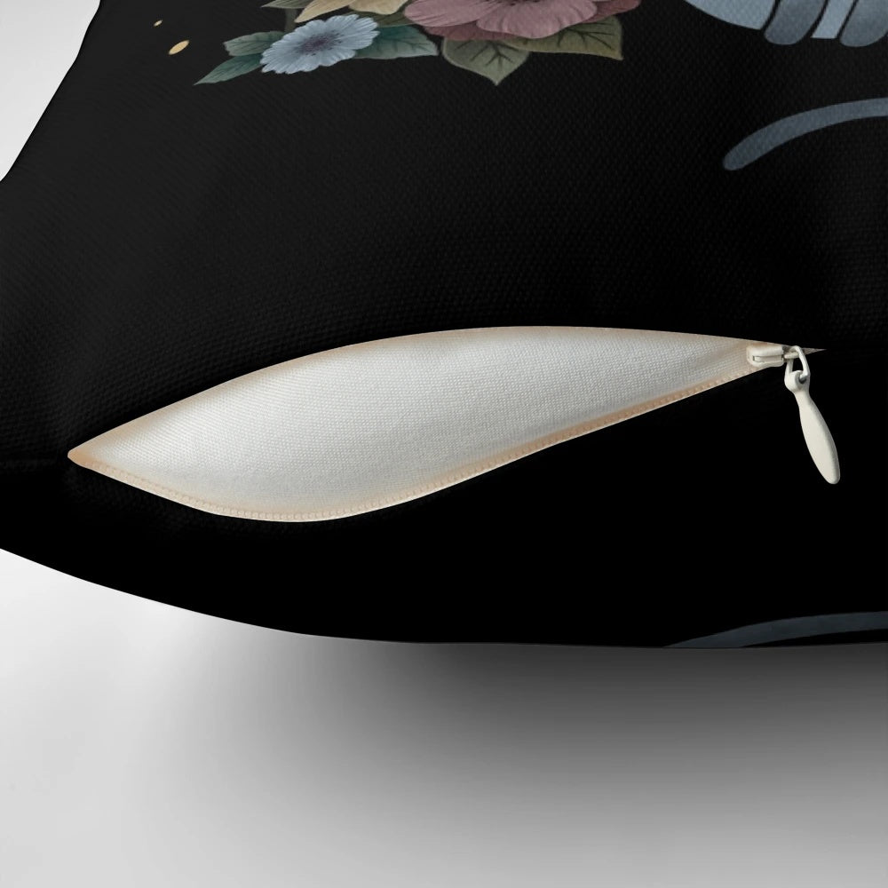 Soft, plush pillow featuring a sleeping Siamese cat against a backdrop of a moonlit night garden