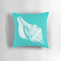 Aqua blue and white seashell decorative throw pillow for coastal, beach-inspired home decor