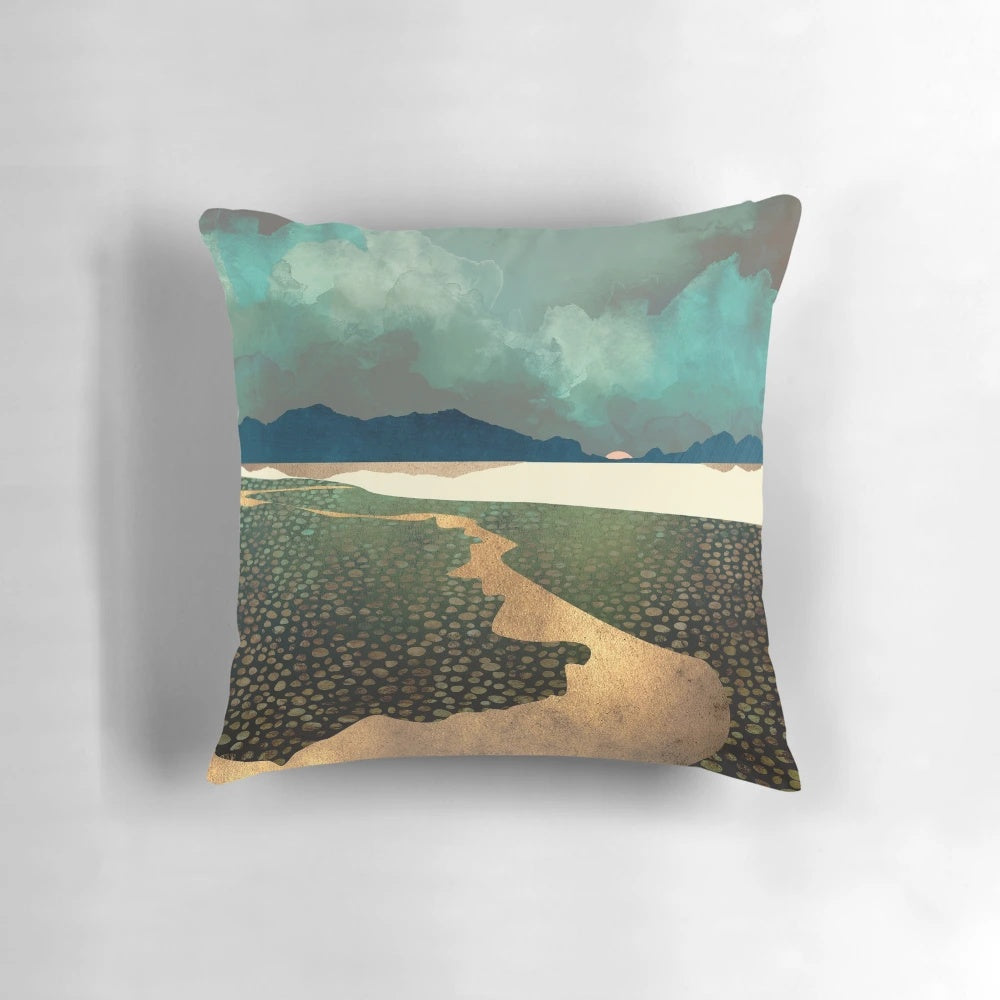 Distant Land Pillow with a watercolor-inspired landscape design featuring mountains, hills, and a tranquil river.