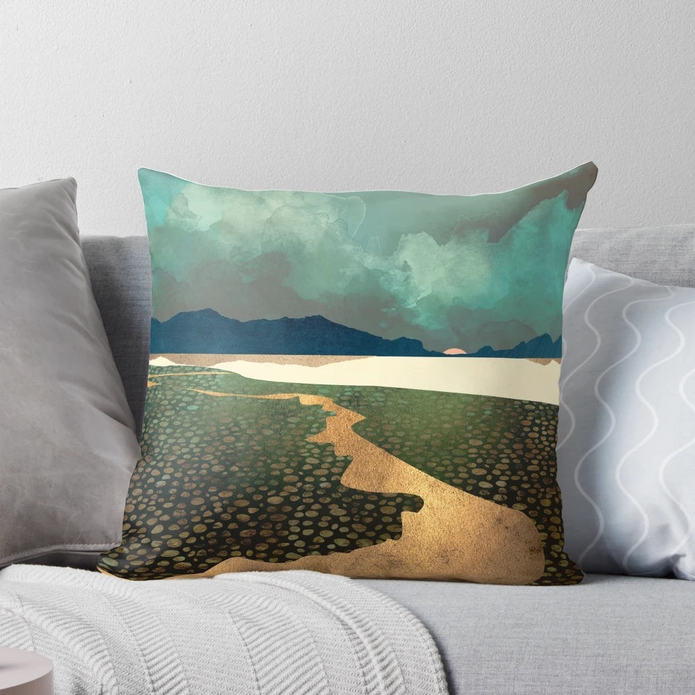 Distant Land Pillow with a watercolor-inspired landscape design featuring mountains, hills, and a tranquil river.