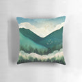 Emerald Hills Pillow featuring an abstract landscape painting with clouds, mountains, and birds
