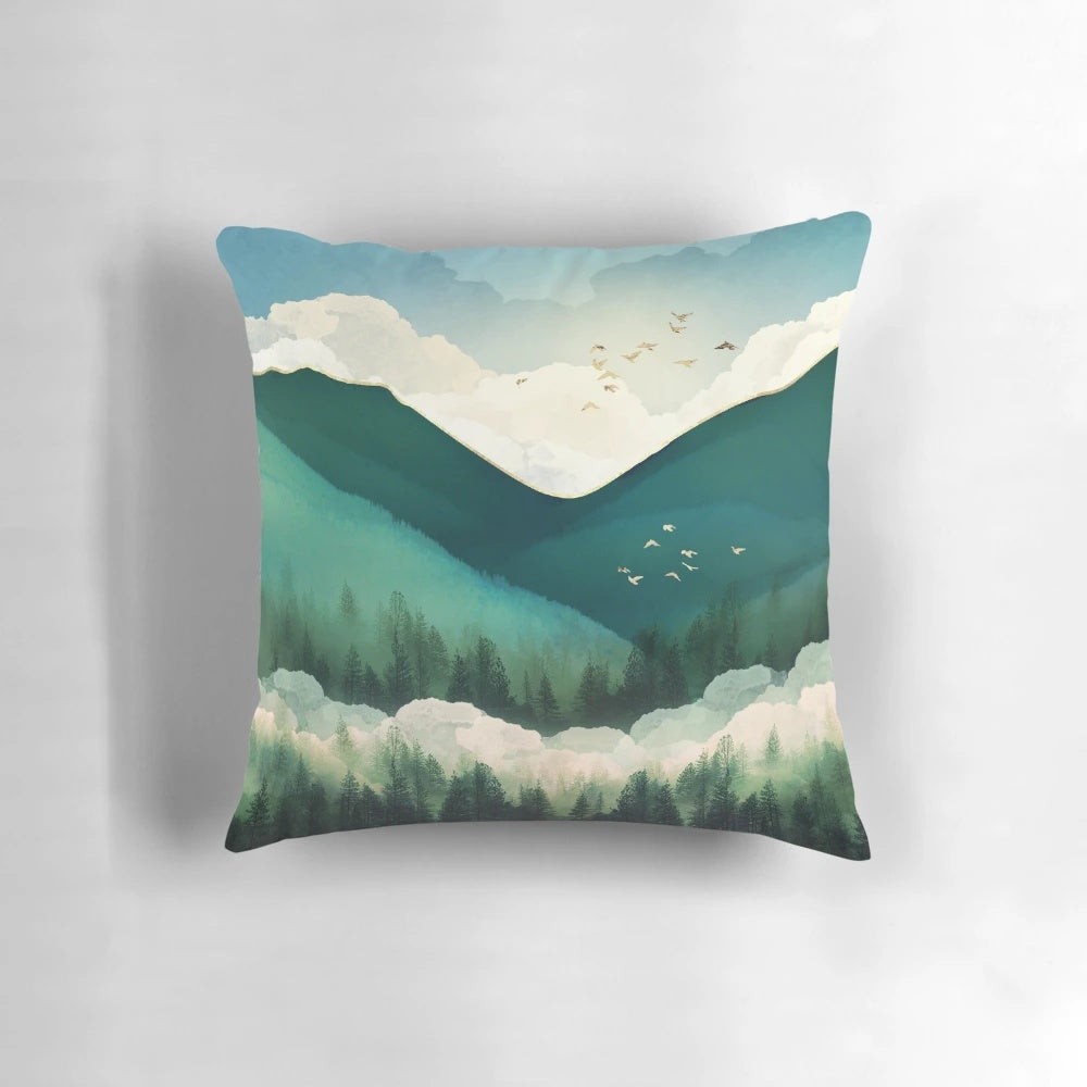 Emerald Hills Pillow featuring an abstract landscape painting with clouds, mountains, and birds