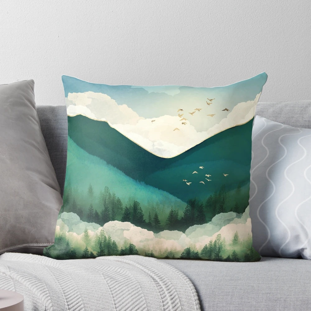Emerald Hills Pillow featuring an abstract landscape painting with clouds, mountains, and birds