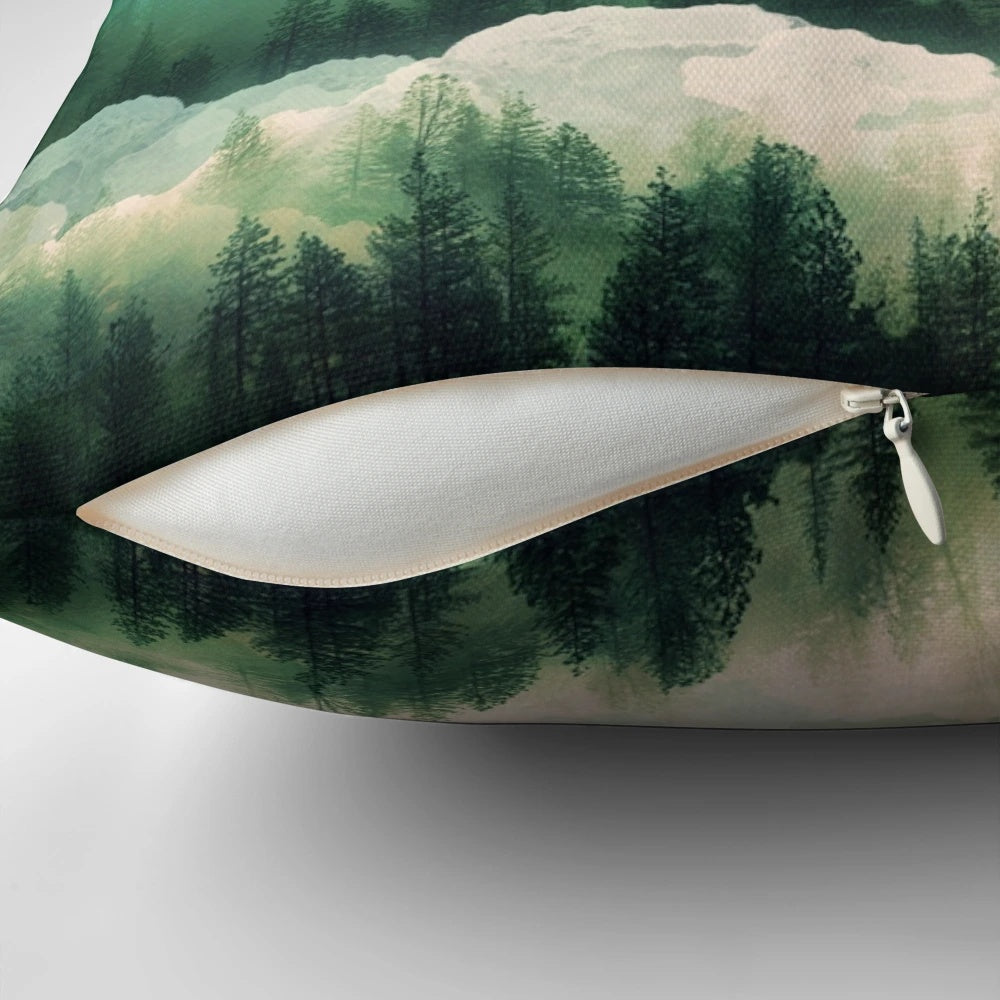 Emerald Hills Pillow featuring an abstract landscape painting with clouds, mountains, and birds