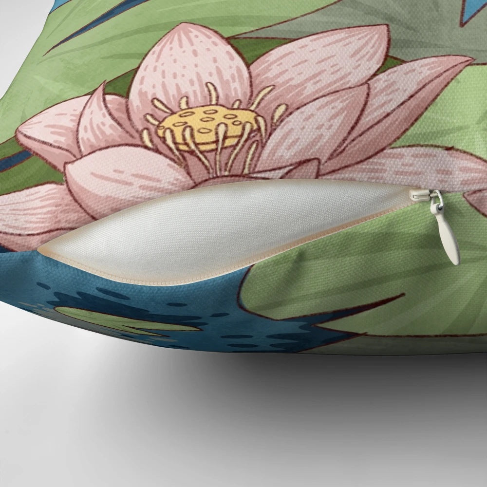 Decorative throw pillow featuring a tranquil fishing pond scene with lotus flowers, koi fish, and anime-style chibi characters.