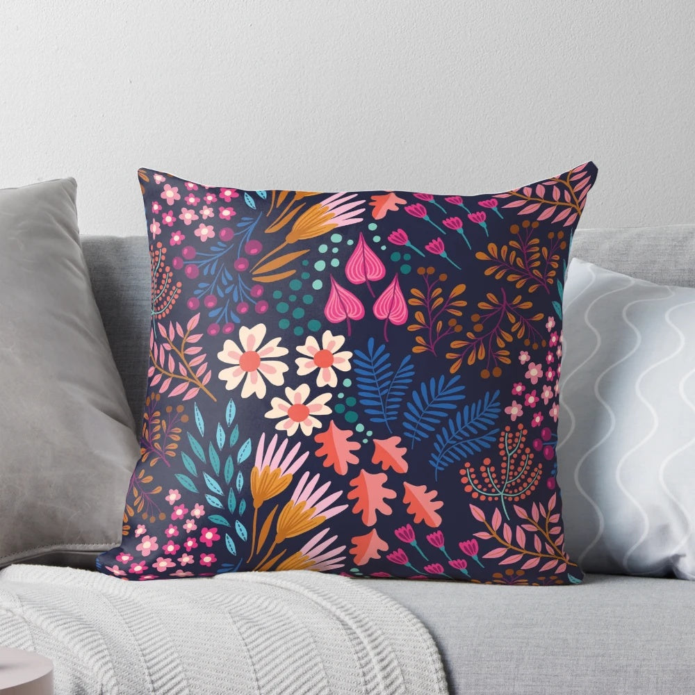 Lush flower field botanical design black floral pillow for a nature-inspired home