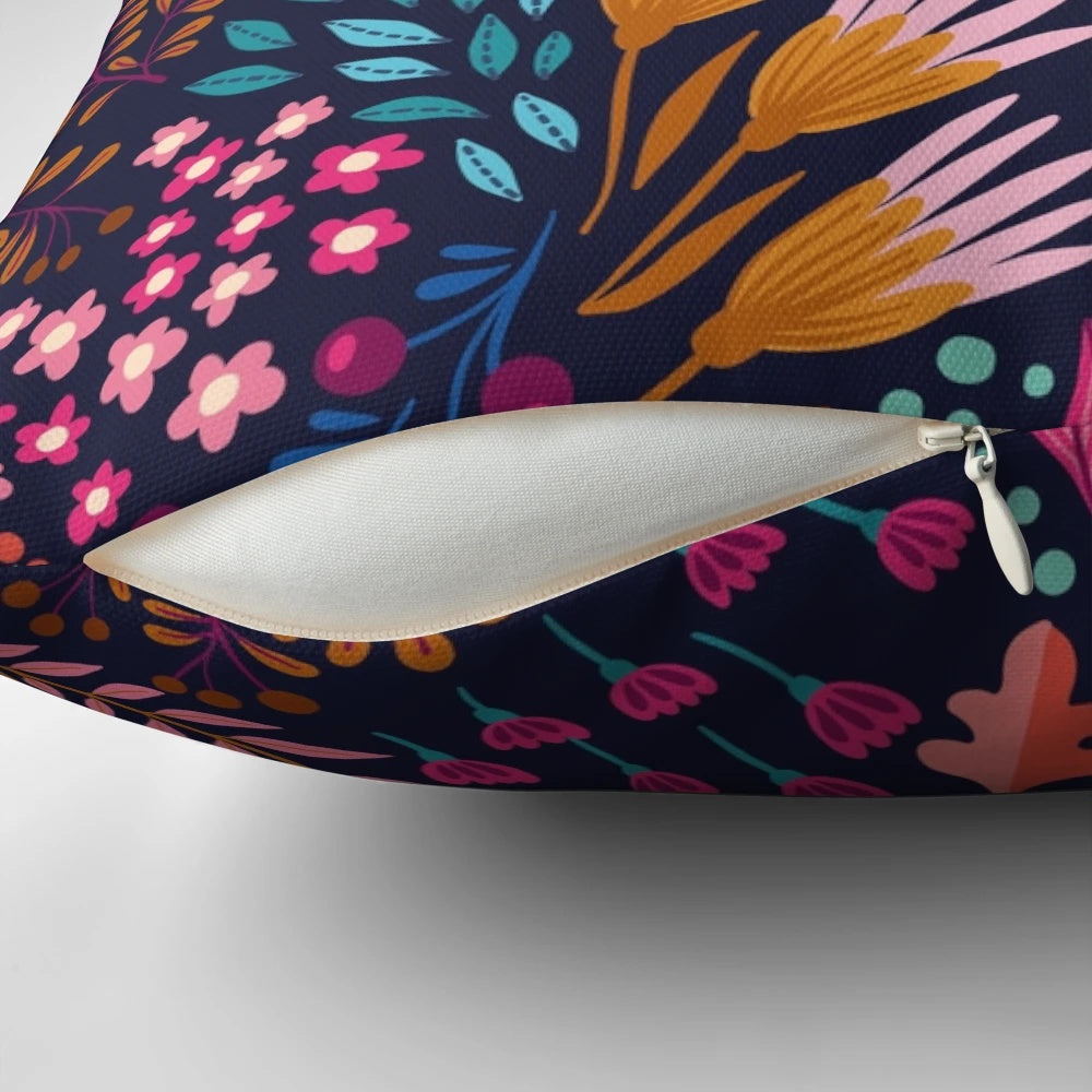 Lush flower field botanical design black floral pillow for a nature-inspired home