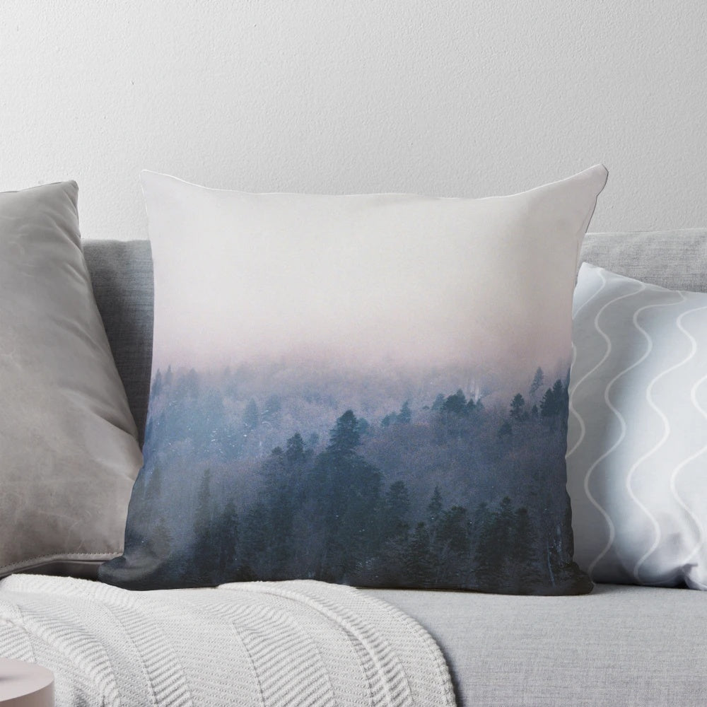 Soft, minimalist pillow featuring a tranquil forest landscape design