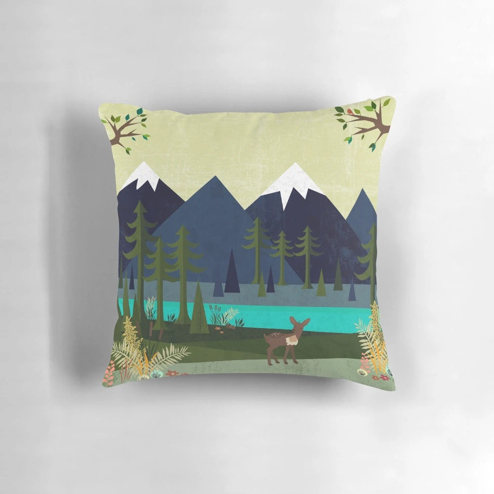 Pillow featuring a peaceful, scenic landscape with trees, a river, and wildlife