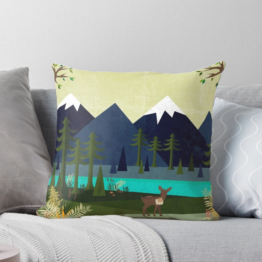 Pillow featuring a peaceful, scenic landscape with trees, a river, and wildlife