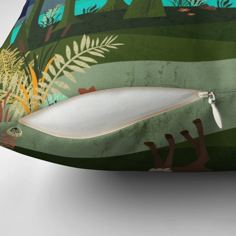 Pillow featuring a peaceful, scenic landscape with trees, a river, and wildlife