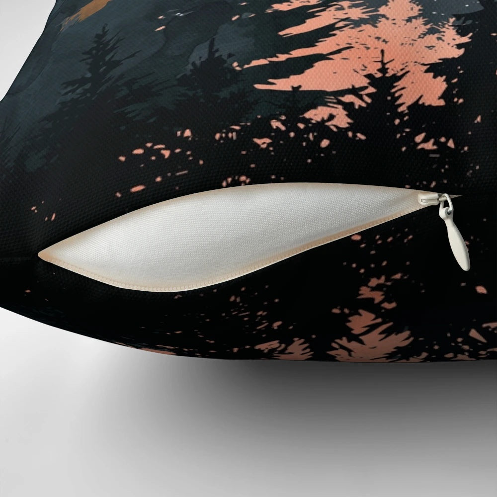 Decorative forest-themed pillow with a scenic landscape design