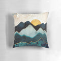 Serene Glacial Hills Pillow featuring a watercolor-inspired nature abstract design in blue, indigo, and gold hues.