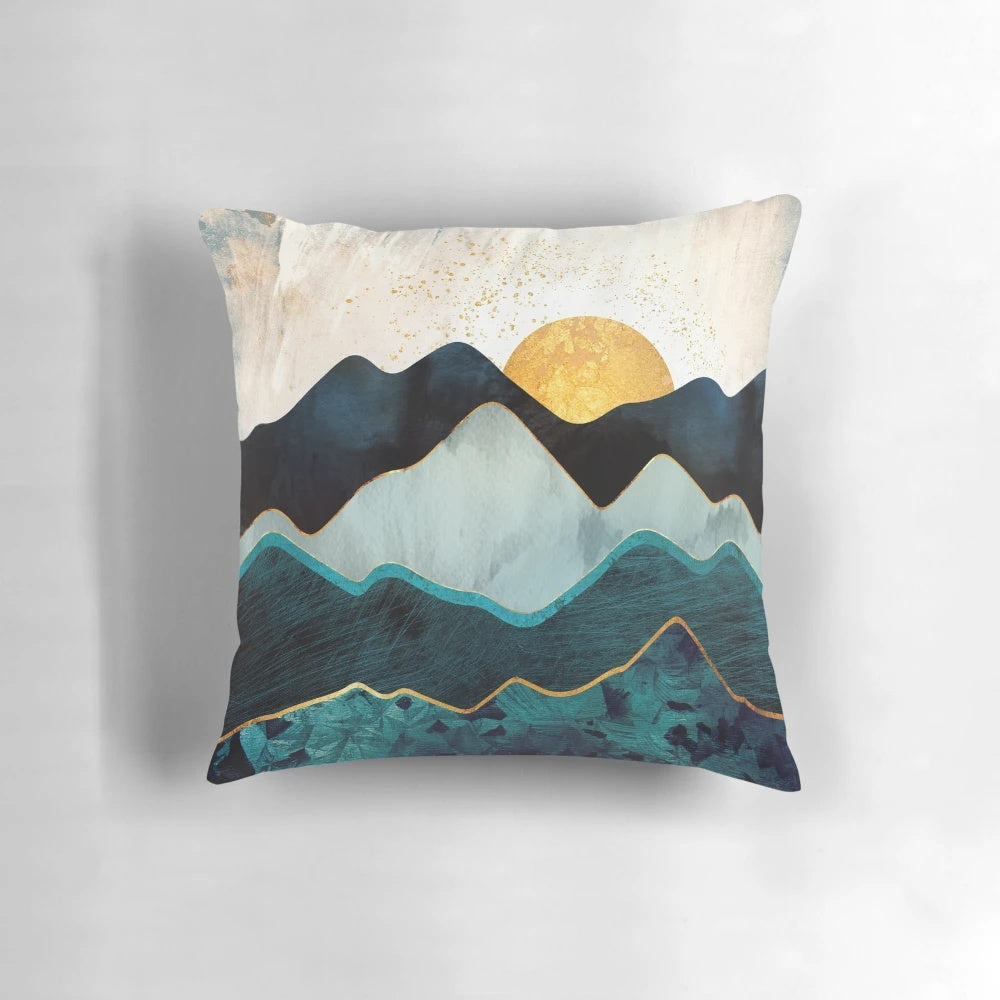 Serene Glacial Hills Pillow featuring a watercolor-inspired nature abstract design in blue, indigo, and gold hues.