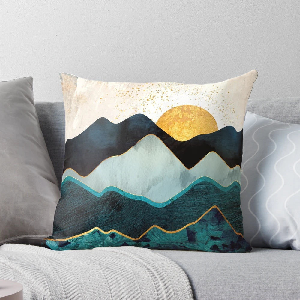 Serene Glacial Hills Pillow featuring a watercolor-inspired nature abstract design in blue, indigo, and gold hues.
