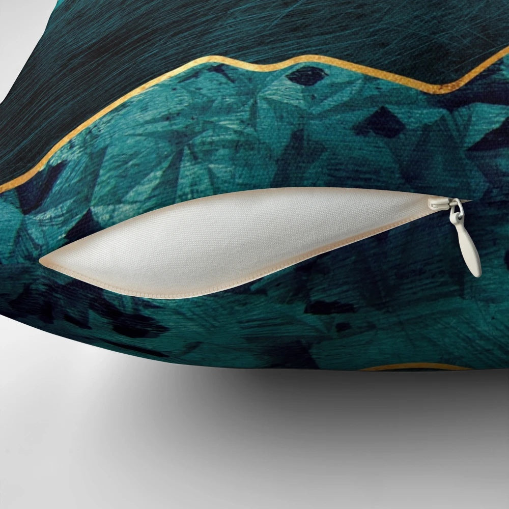 Serene Glacial Hills Pillow featuring a watercolor-inspired nature abstract design in blue, indigo, and gold hues.