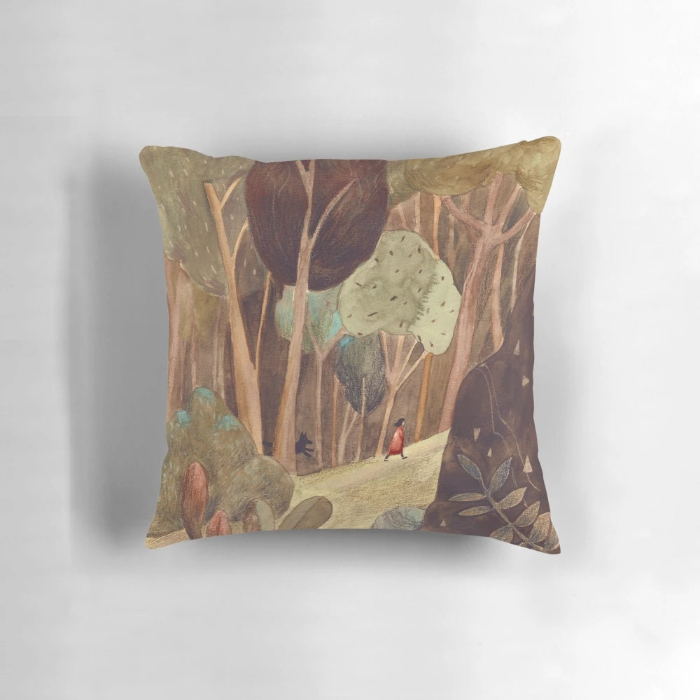 A watercolor painting of a girl and a dog walking in a lush, green forest.