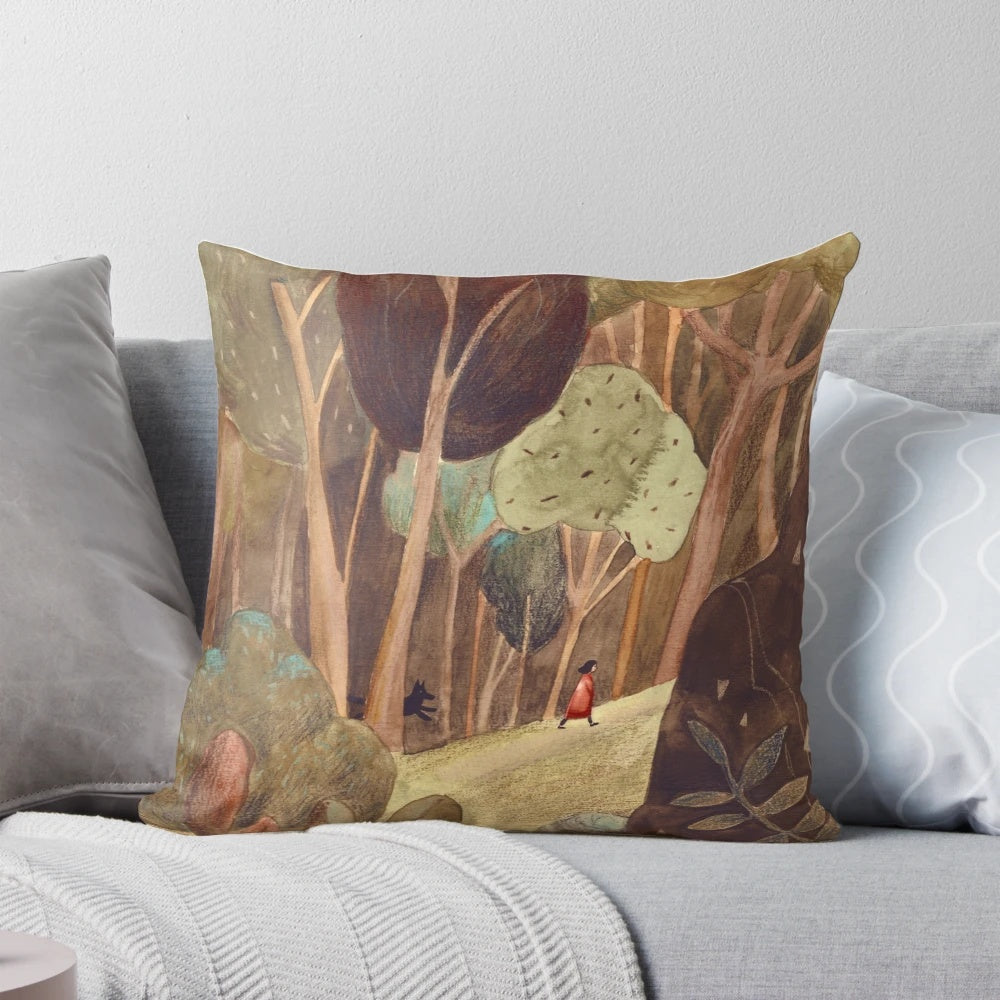 A watercolor painting of a girl and a dog walking in a lush, green forest.