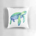 Soft, plush pillow featuring a watercolor painting of a green sea turtle swimming in the ocean