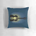 A tranquil illustration of a guitar resting on a moonlit island surrounded by a magical, abstract landscape.