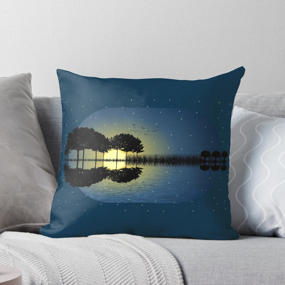 A tranquil illustration of a guitar resting on a moonlit island surrounded by a magical, abstract landscape.