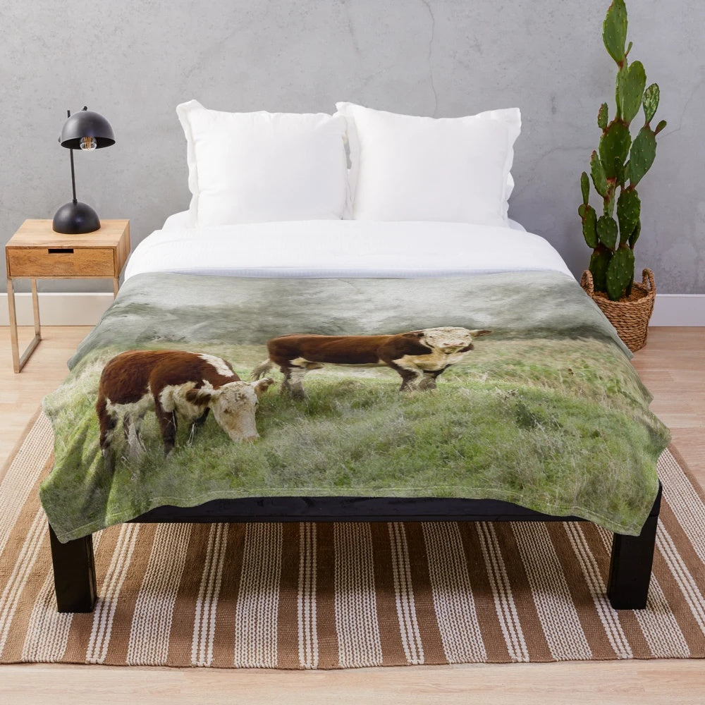 Hereford bull and cow in a watercolor landscape on a plush blanket