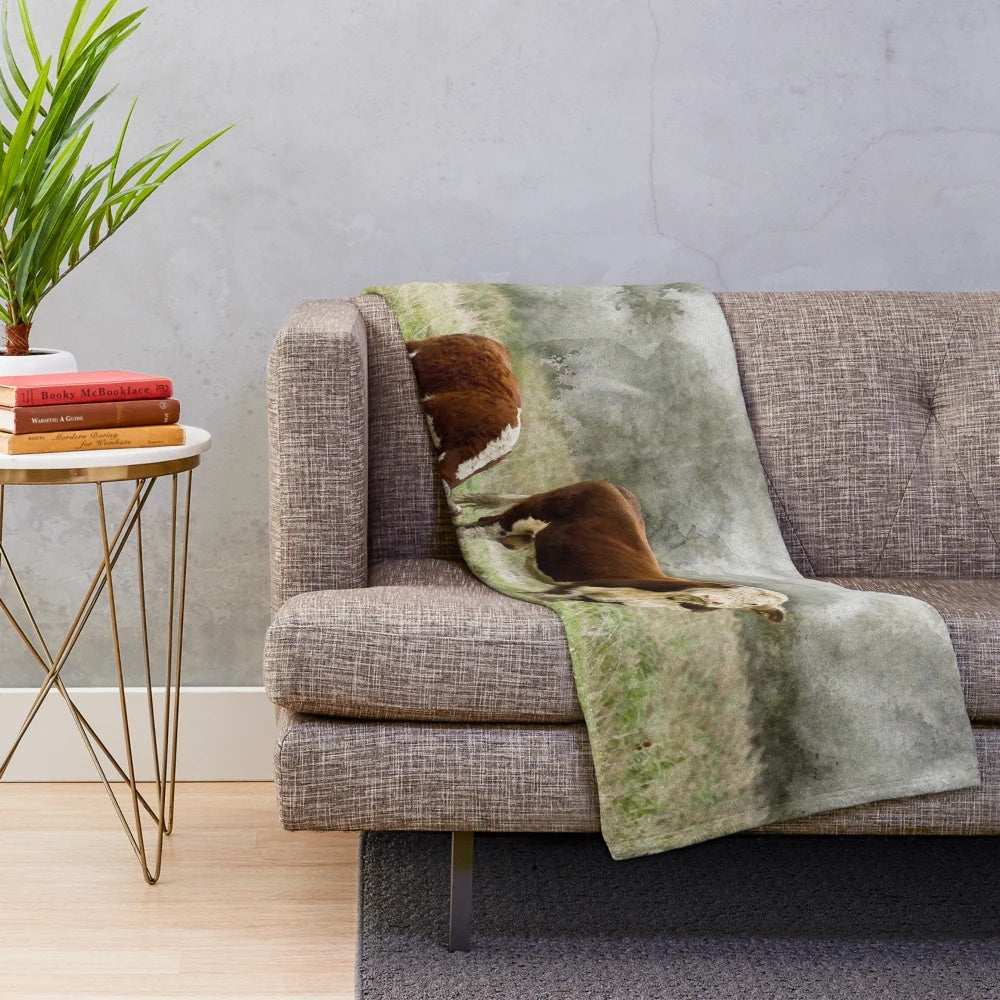 Hereford bull and cow in a watercolor landscape on a plush blanket