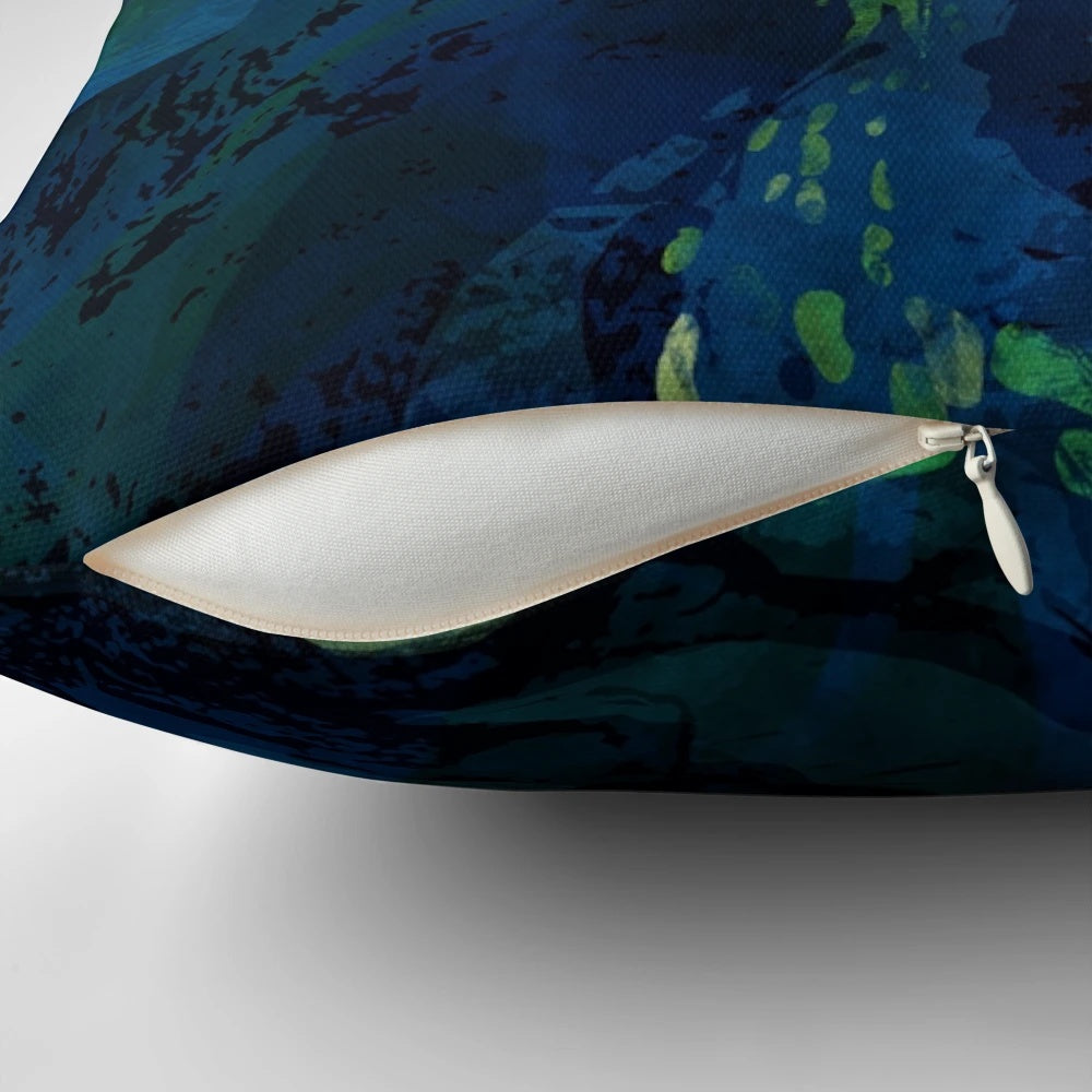 Jade-colored landscape pillow featuring a scenic mountain and sunset design, inspired by the natural heritage of Canada.