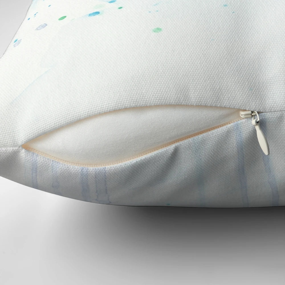 Soft, pastel-colored painting of a humpback whale mother and calf swimming in the ocean, printed on a comfortable throw pillow.