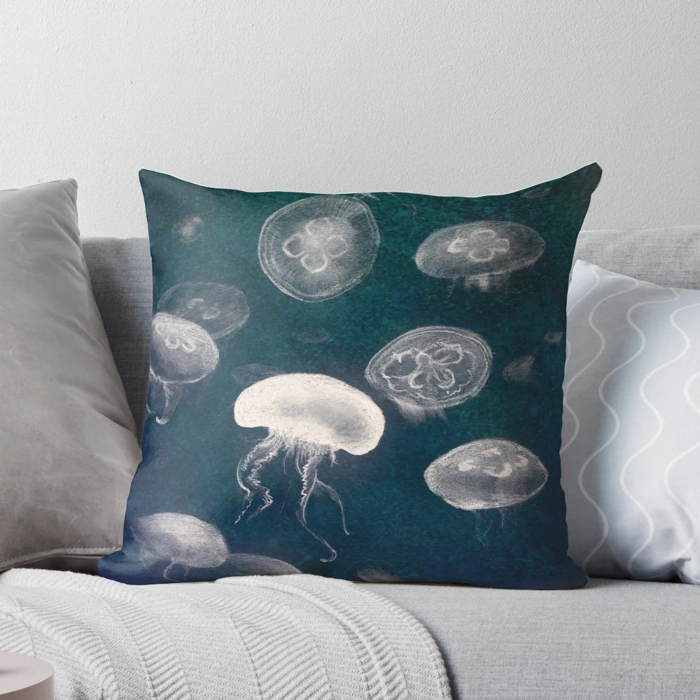Soothing jellyfish pillow in shades of blue, creating a tranquil underwater scene