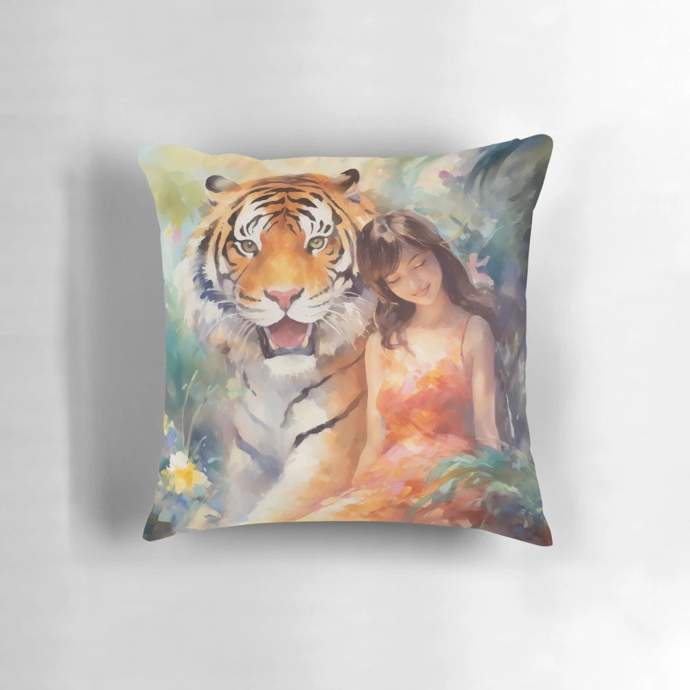 Vibrant tiger pillow with flowers in a lush jungle setting