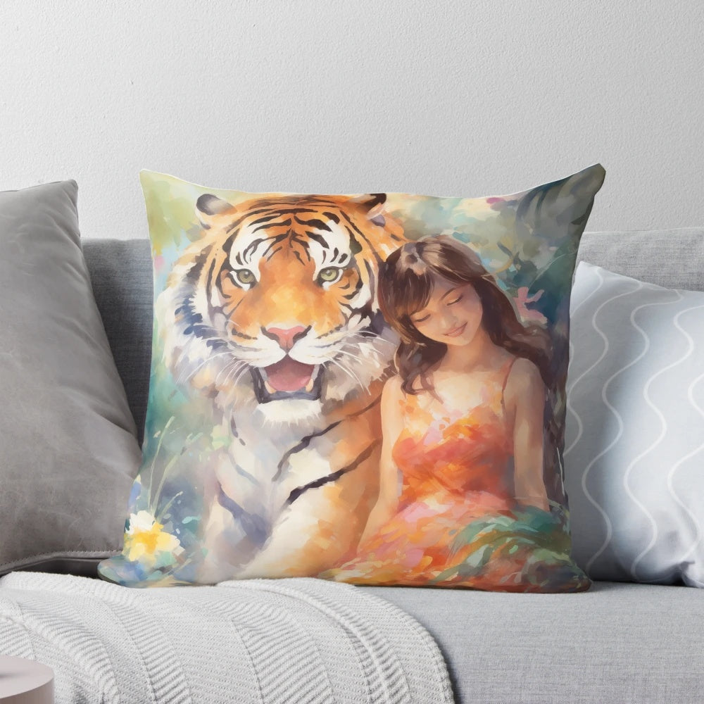 Vibrant tiger pillow with flowers in a lush jungle setting