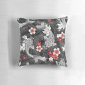 Decorative pillow featuring a watercolor painting of koi fish swimming among cherry blossoms
