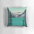 Decorative pillow featuring a scenic vector illustration of the famous Lake Louise in Banff National Park, Alberta, Canada.