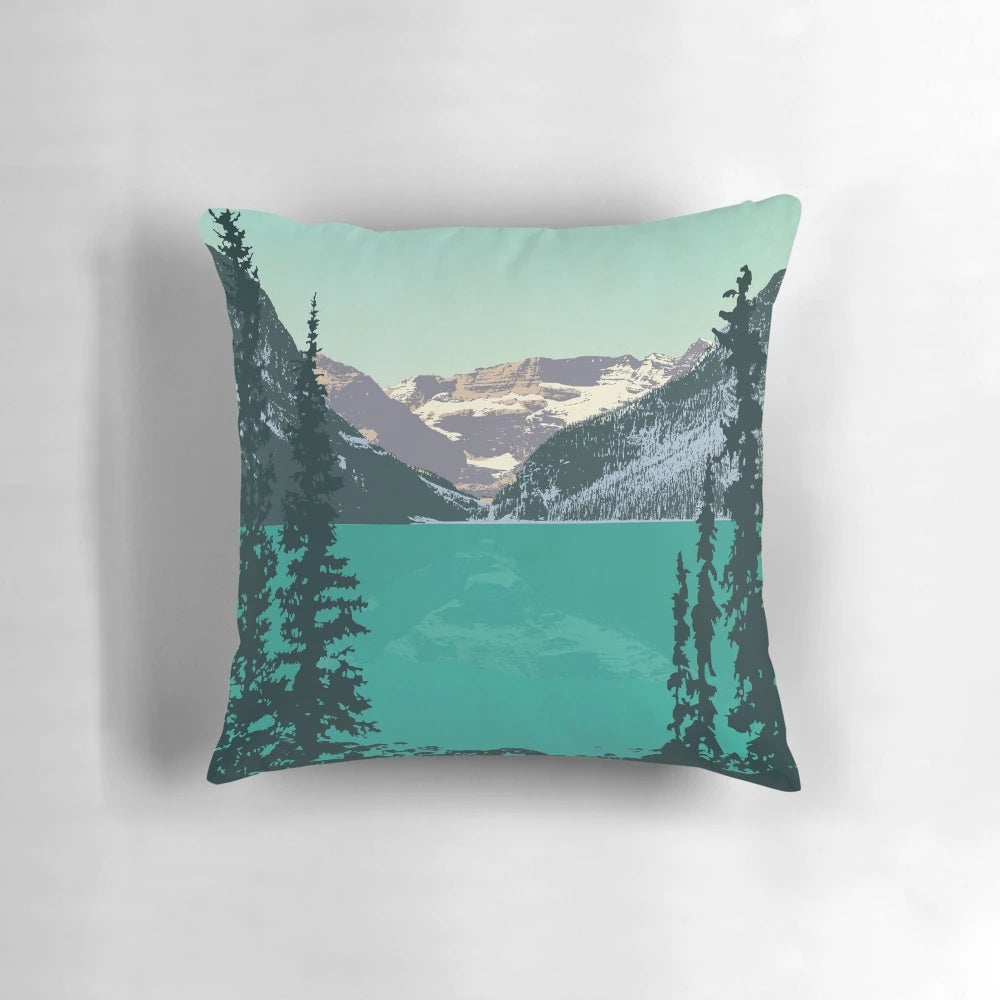 Decorative pillow featuring a scenic vector illustration of the famous Lake Louise in Banff National Park, Alberta, Canada.