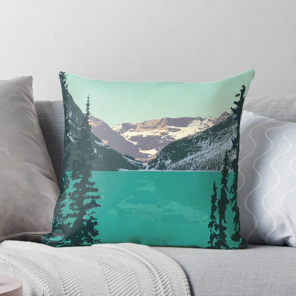 Decorative pillow featuring a scenic vector illustration of the famous Lake Louise in Banff National Park, Alberta, Canada.