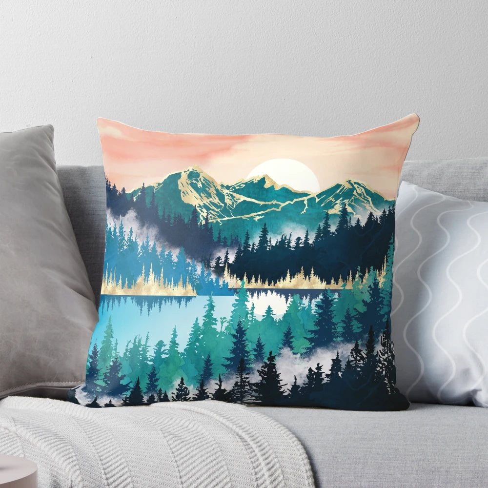 Soft, cozy pillow featuring a scenic lake mist design, perfect for creating a peaceful atmosphere.