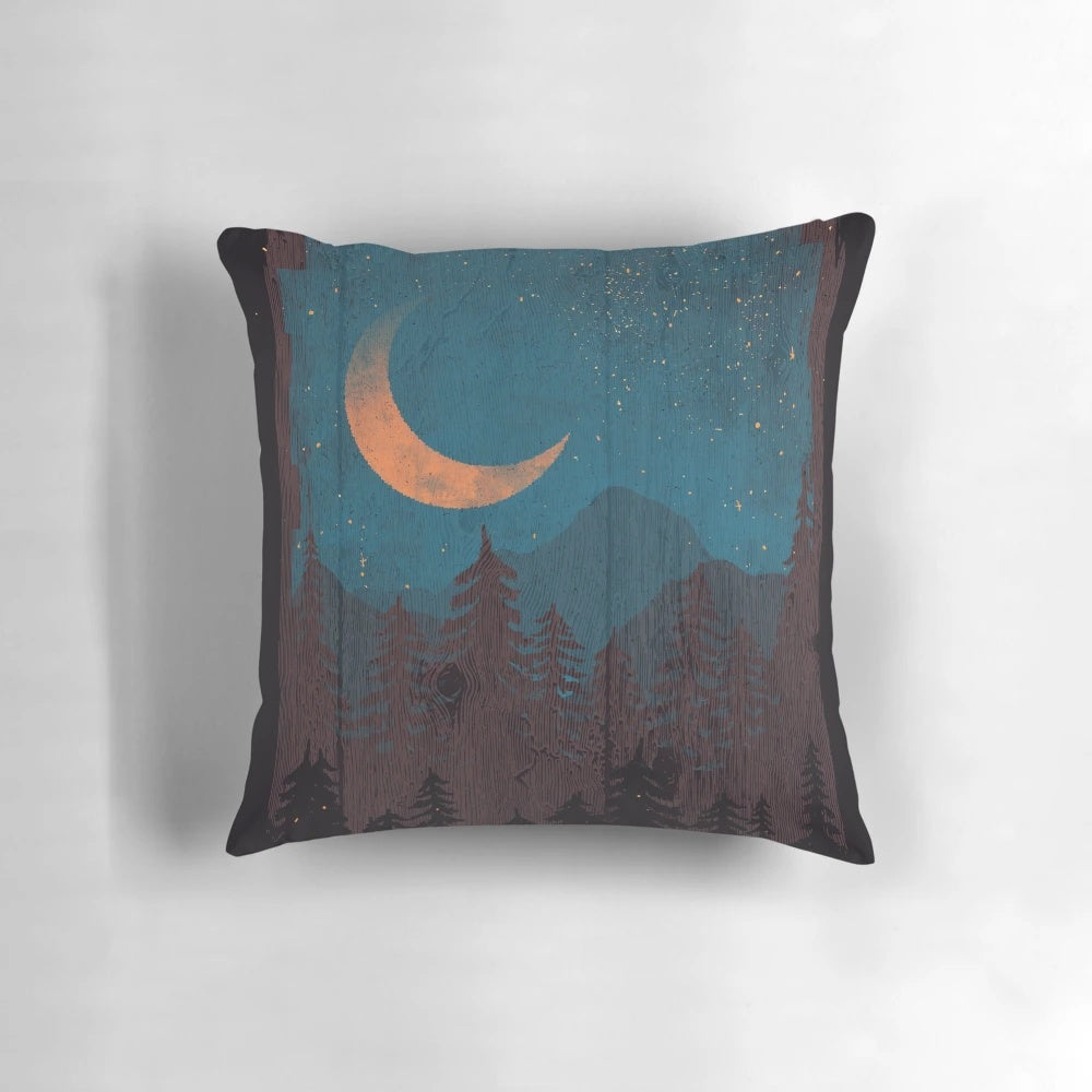 Serene landscape pillow featuring a night sky with stars, lightning bugs, and mountains